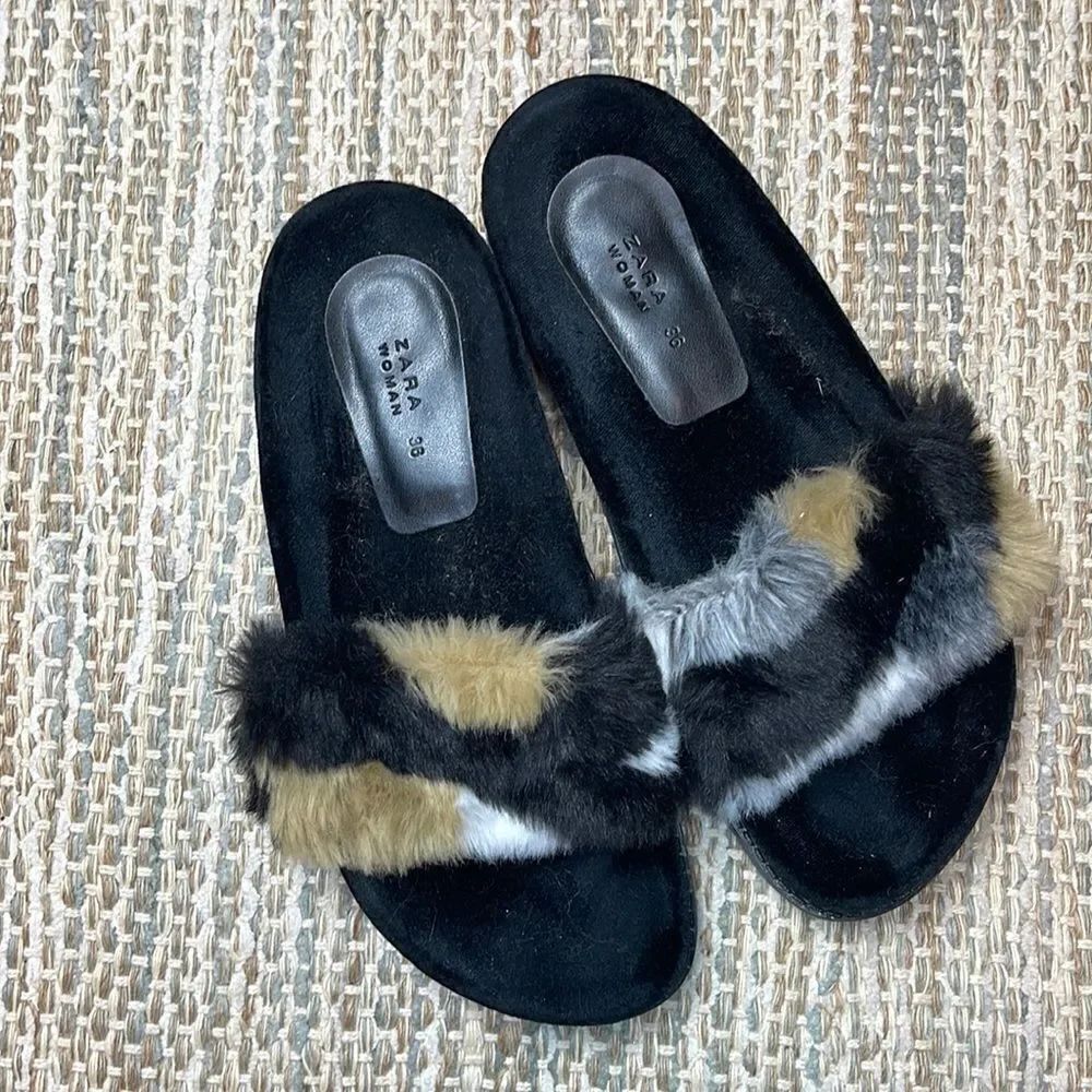 ZARA Beige Black Faux Fur Slides Slippers Sandals Mules Euro 38